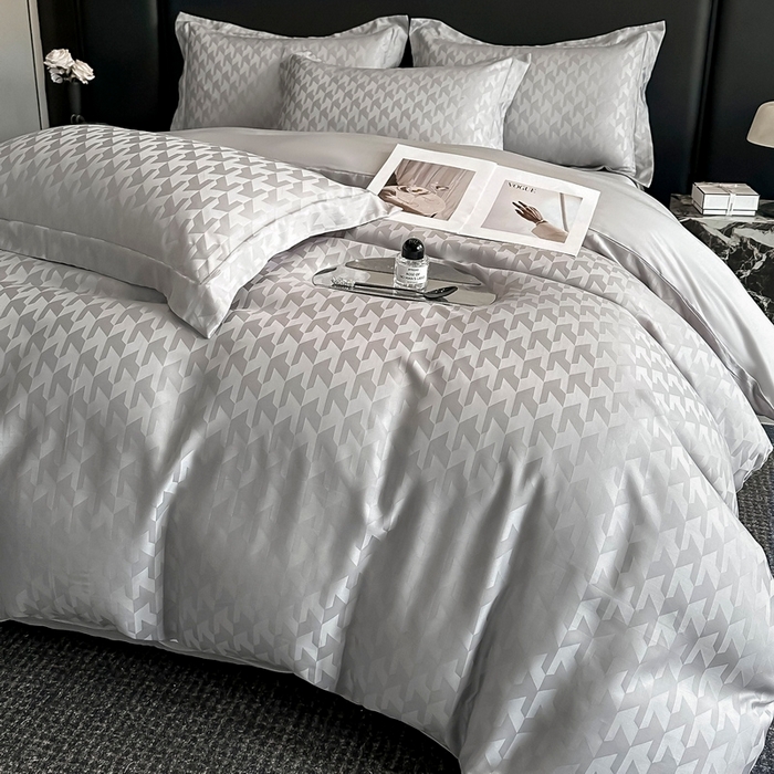 91家纺网 家纺一手货源 找家纺  慕晨 2025新款莱赛尔提花四件套高级简奢款天丝4件套直播热款 贝立雅