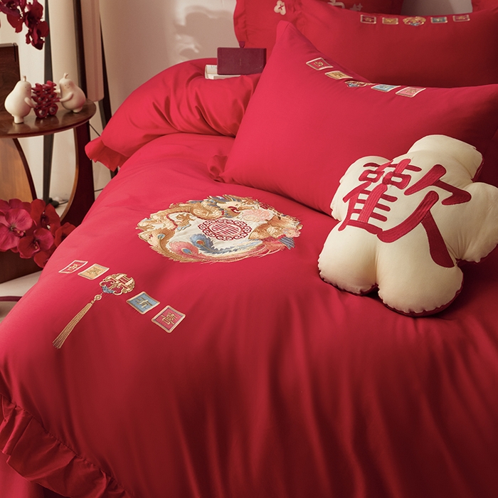 91家纺网 家纺一手货源 找家纺 玉雅家纺 2025新款长绒棉花边款刺绣时尚婚庆四件套 花边款-今世缘