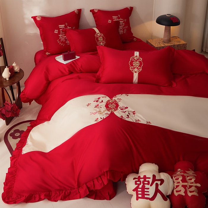 91家纺网 家纺一手货源 找家纺 （总）玉雅家纺 2025新款长绒棉花边款刺绣时尚婚庆四件套