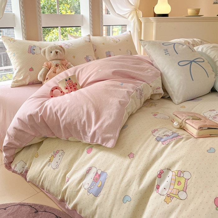 91家纺网 家纺一手货源 找家纺 Sweet dreams甜梦 2025新款全棉印花卡通小清新四件套草莓猫猫