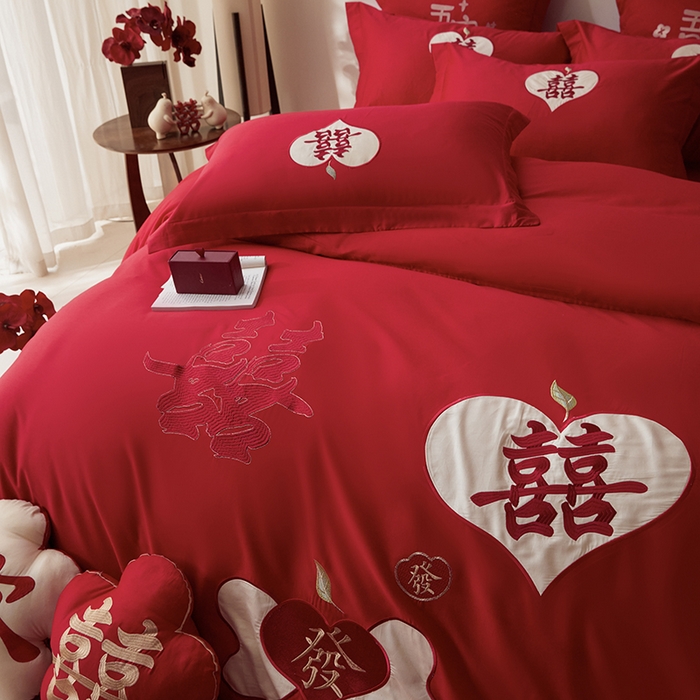 91家纺网 家纺一手货源 找家纺 玉雅家纺 2025新款长绒棉花边款刺绣时尚婚庆四件套 花边款-喜發