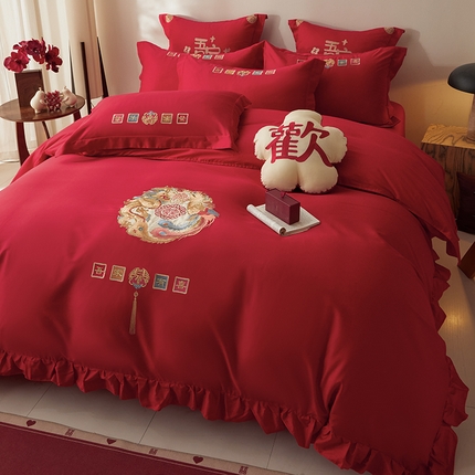 91家纺网 家纺一手货源 找家纺 （总）玉雅家纺 2025新款长绒棉花边款刺绣时尚婚庆四件套