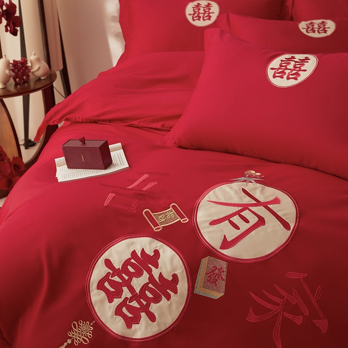 91家纺网 家纺一手货源 找家纺 玉雅家纺 2025新款长绒棉花边款刺绣时尚婚庆四件套 花边款-喜爱