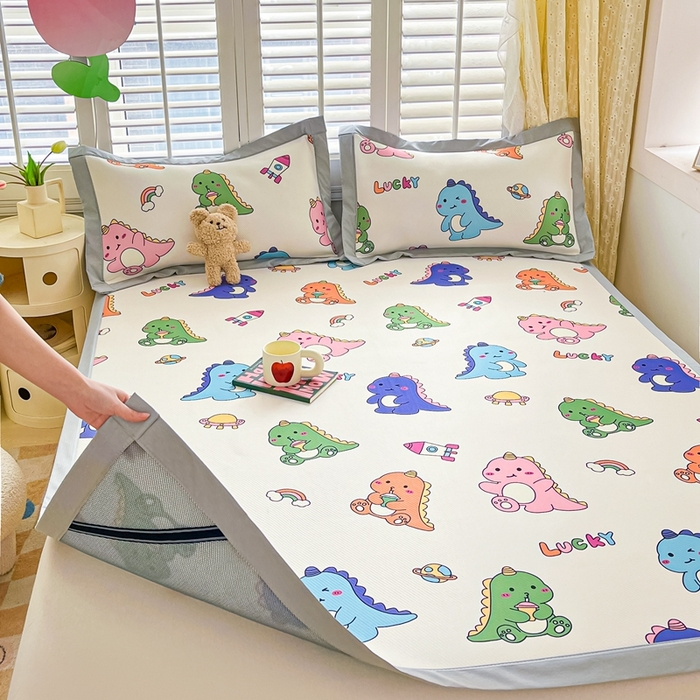 91家纺网 家纺一手货源 找家纺 星座家纺 2025新款复合提花凉感丝凉席三件套平铺款 七彩龙