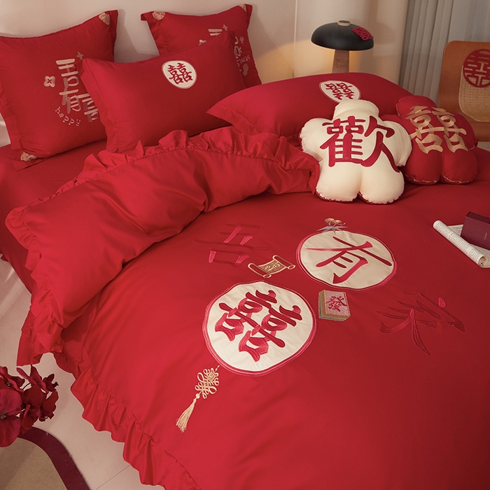 91家纺网 家纺一手货源 找家纺 玉雅家纺 2025新款长绒棉花边款刺绣时尚婚庆四件套 花边款-喜爱