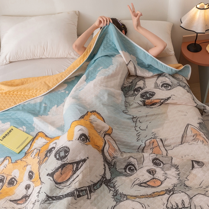 91家纺网 家纺一手货源 找家纺 乐家毛巾被 2025春夏新款全棉纯棉六层大版印花毛巾被 雏菊狗狗