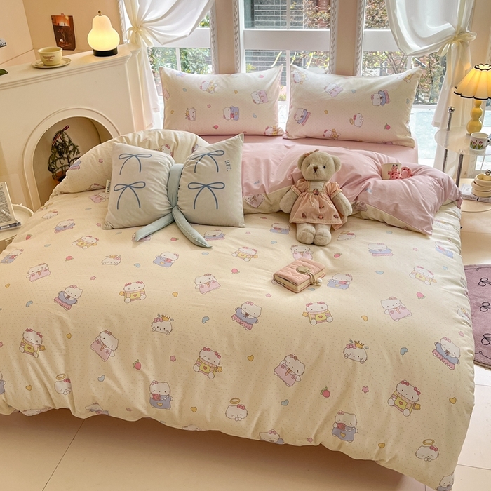 91家纺网 家纺一手货源 找家纺 Sweet dreams甜梦 2025新款全棉印花卡通小清新四件套草莓猫猫