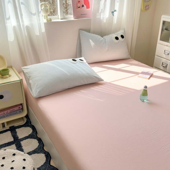 91家纺网 家纺一手货源 找家纺 丽涵家纺 丽涵新品 全棉色织水洗棉单品床笠-床笠三件套 蜜桃粉