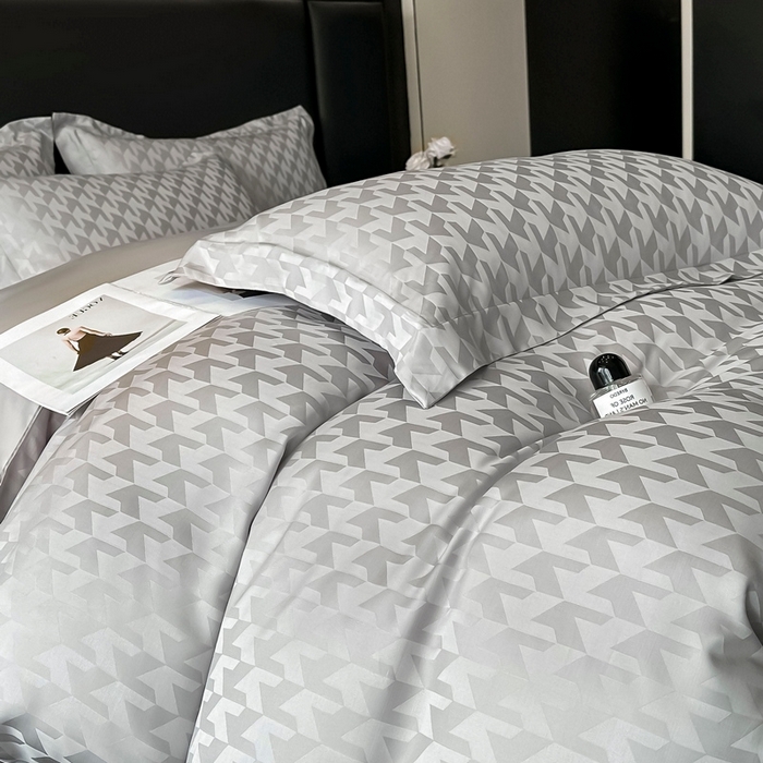 91家纺网 家纺一手货源 找家纺  慕晨 2025新款莱赛尔提花四件套高级简奢款天丝4件套直播热款 贝立雅