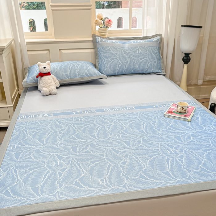 91家纺网 家纺一手货源 找家纺 星座家纺 2025新款复合提花凉感丝凉席三件套平铺款 叶之语-蓝