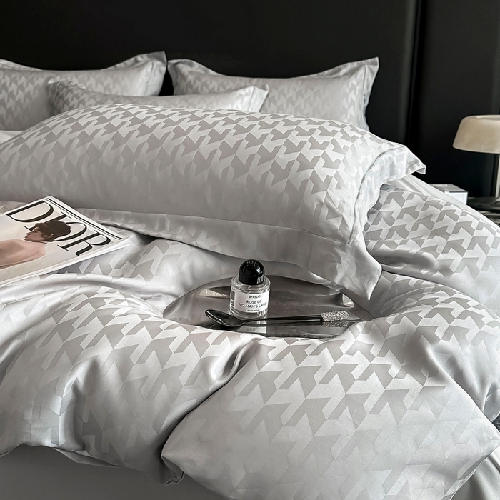 91家纺网 家纺一手货源 找家纺  慕晨 2025新款莱赛尔提花四件套高级简奢款天丝4件套直播热款 贝立雅