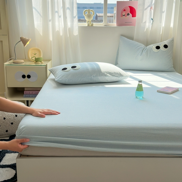 91家纺网 家纺一手货源 找家纺 丽涵家纺 丽涵新品 全棉色织水洗棉单品床笠-床笠三件套 蓝小格