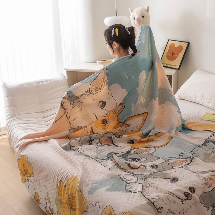 91家纺网 家纺一手货源 找家纺 乐家毛巾被 2025春夏新款全棉纯棉六层大版印花毛巾被 雏菊狗狗