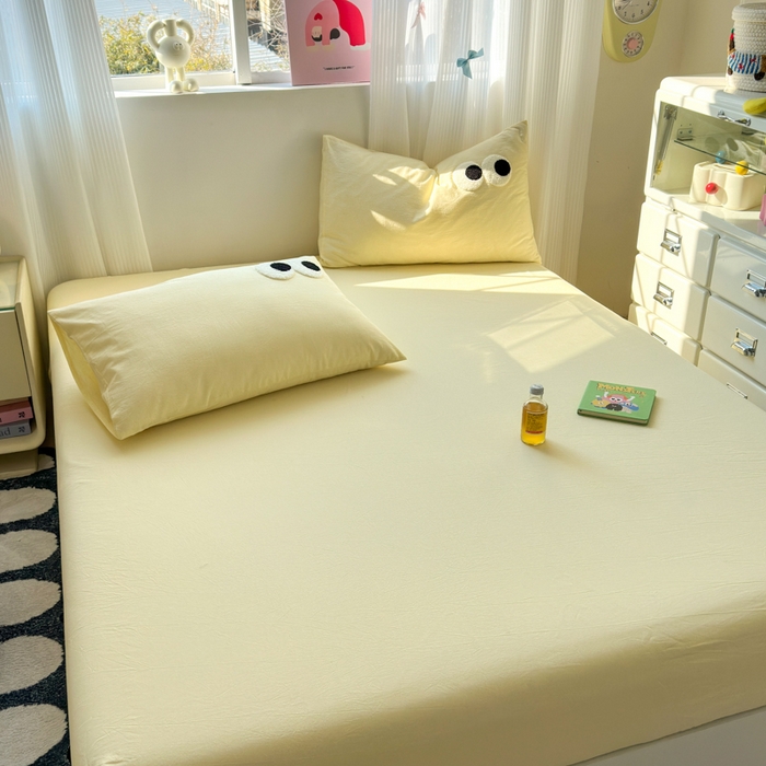 91家纺网 家纺一手货源 找家纺 丽涵家纺 丽涵新品 全棉色织水洗棉单品床笠-床笠三件套 奶黄色