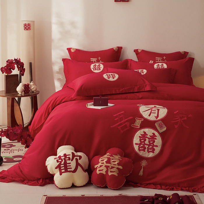 91家纺网 家纺一手货源 找家纺 玉雅家纺 2025新款长绒棉花边款刺绣时尚婚庆四件套 花边款-喜爱