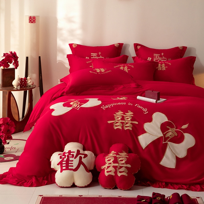 91家纺网 家纺一手货源 找家纺 玉雅家纺 2025新款长绒棉花边款刺绣时尚婚庆四件套 花边款-同心缘-红