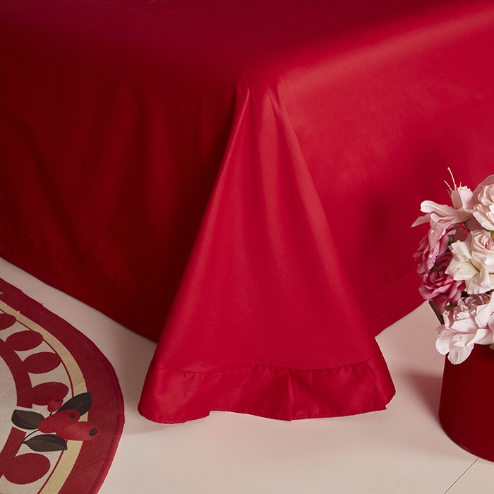 91家纺网 家纺一手货源 找家纺 玉雅家纺 2025新款长绒棉花边款刺绣时尚婚庆四件套 心欢喜