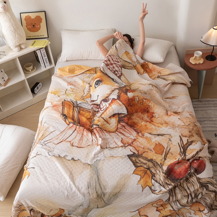 91家纺网 家纺一手货源 找家纺 乐家毛巾被 2025春夏新款全棉纯棉六层大版印花毛巾被 帽子狐狸