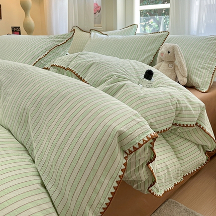 91家纺网 家纺一手货源 找家纺 （总）莱茵家居 2025新款全棉色织水洗棉贝壳包边四件套生椰系列