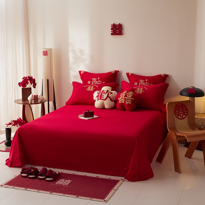 91家纺网 家纺一手货源 找家纺 玉雅家纺 2025新款长绒棉花边款刺绣时尚婚庆四件套 花边款-喜發