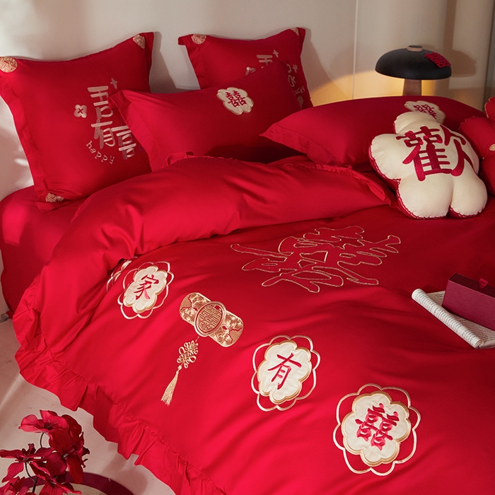 91家纺网 家纺一手货源 找家纺 玉雅家纺 2025新款长绒棉花边款刺绣时尚婚庆四件套 花边款-双喜临门