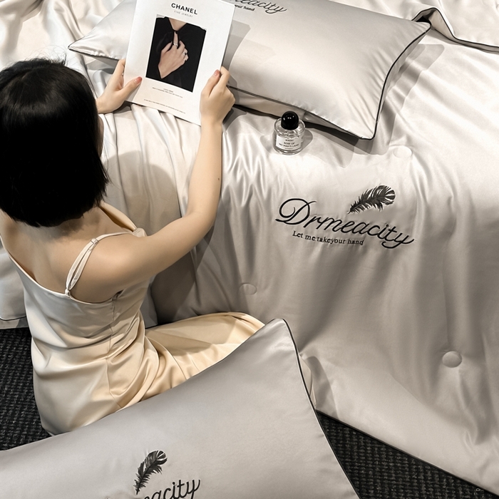 91家纺网 家纺一手货源 找家纺 伊梵居 2025新款水洗真丝刺绣夏被四件套 梦羽-山灰