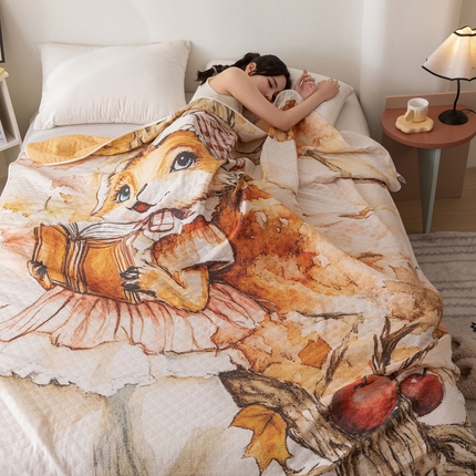 乐家毛巾被 2025春夏新款全棉纯棉六层大版印花毛巾被 帽子狐狸