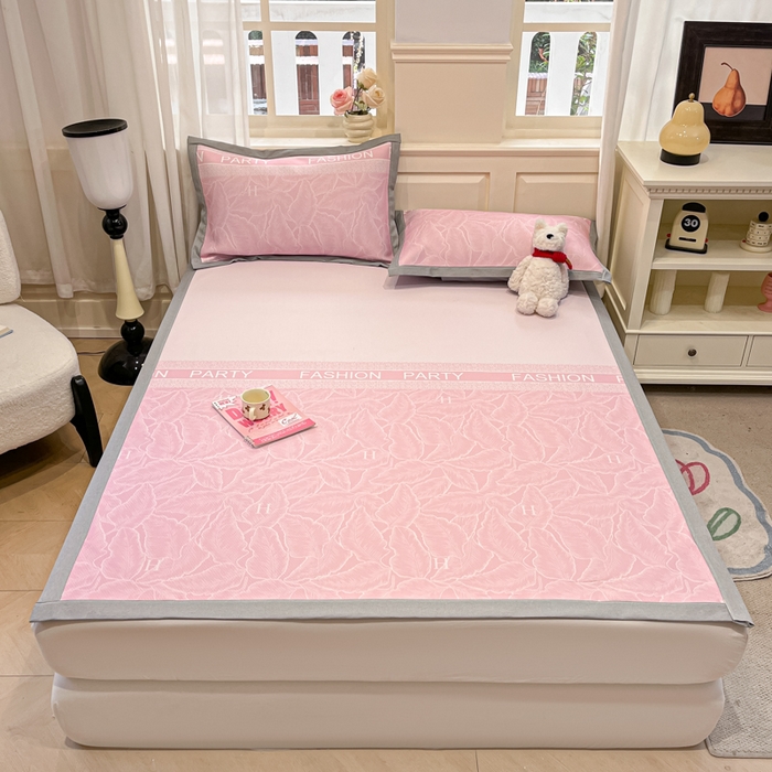 91家纺网 家纺一手货源 找家纺 星座家纺 2025新款复合提花凉感丝凉席三件套平铺款 叶之语-粉