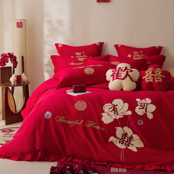 91家纺网 家纺一手货源 找家纺 玉雅家纺 2025新款长绒棉花边款刺绣时尚婚庆四件套 花边款-今喜