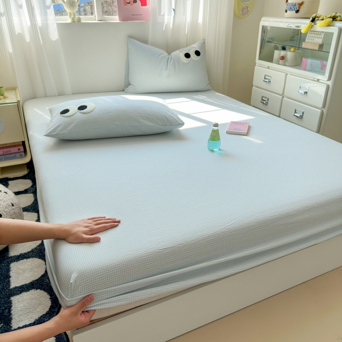 91家纺网 家纺一手货源 找家纺 丽涵家纺 丽涵新品 全棉色织水洗棉单品床笠-床笠三件套 蓝小格