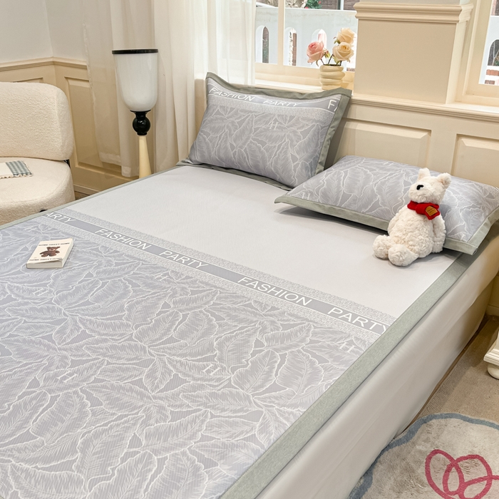 91家纺网 家纺一手货源 找家纺 星座家纺 2025新款复合提花凉感丝凉席三件套平铺款 叶之语-灰