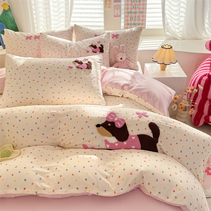 91家纺网 家纺一手货源 找家纺 多品 2025春夏新款水洗棉毛巾绣卡通系列被套单件-单被套 心愿狗