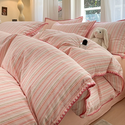 莱茵家居 2025新款全棉色织水洗棉贝壳包边四件套生椰系列 樱花粉