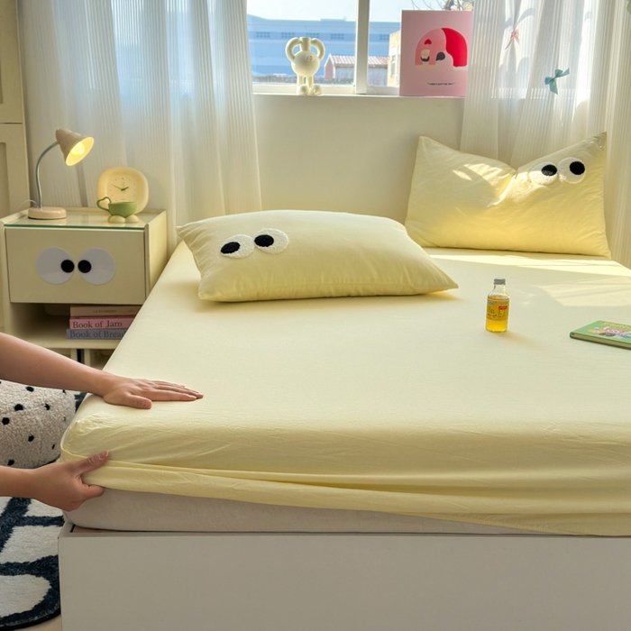 91家纺网 家纺一手货源 找家纺 丽涵家纺 丽涵新品 全棉色织水洗棉单品床笠-床笠三件套 奶黄色