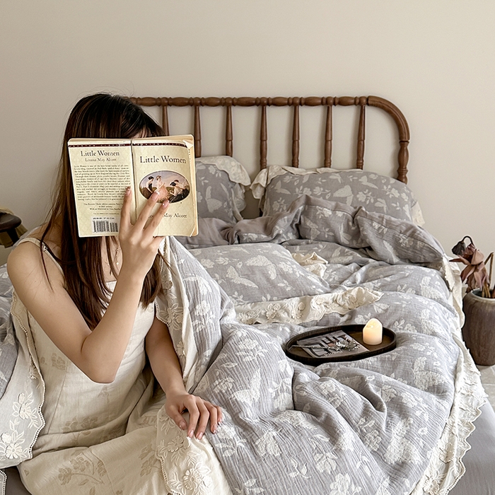 91家纺网 家纺一手货源 找家纺 （总）山舍家居2025新款纯棉棉麻色织提花刺绣花边款四件套-蝶梦晚落