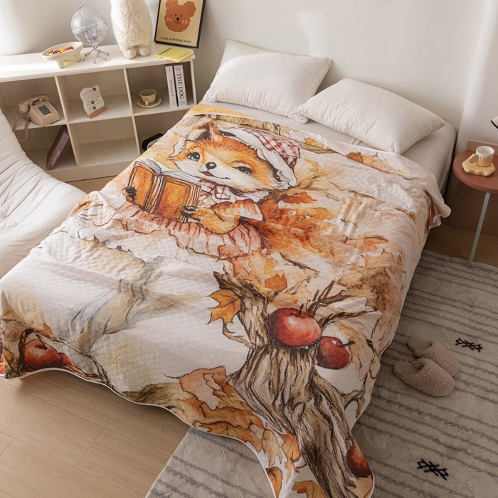 91家纺网 家纺一手货源 找家纺 乐家毛巾被 2025春夏新款全棉纯棉六层大版印花毛巾被 帽子狐狸