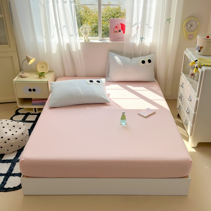 91家纺网 家纺一手货源 找家纺 丽涵家纺 丽涵新品 全棉色织水洗棉单品床笠-床笠三件套 蜜桃粉