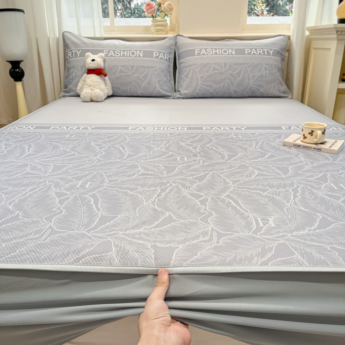 91家纺网 家纺一手货源 找家纺 星座家纺 2025新款复合提花凉感丝凉席三件套床笠款 叶之语-灰 床笠款