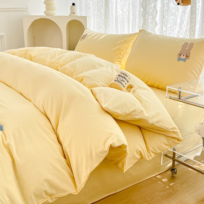 91家纺网 家纺一手货源 找家纺 曼町家居 2025春夏新款40支全棉纯棉水洗棉刺绣四件套 元气星喵-奶油黄