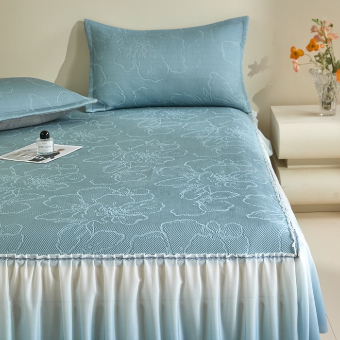 91家纺网 家纺一手货源 找家纺 卡初家居（原微来） 2025新款乙纶冰豆豆渐变色床裙款凉席席子 渐变蓝