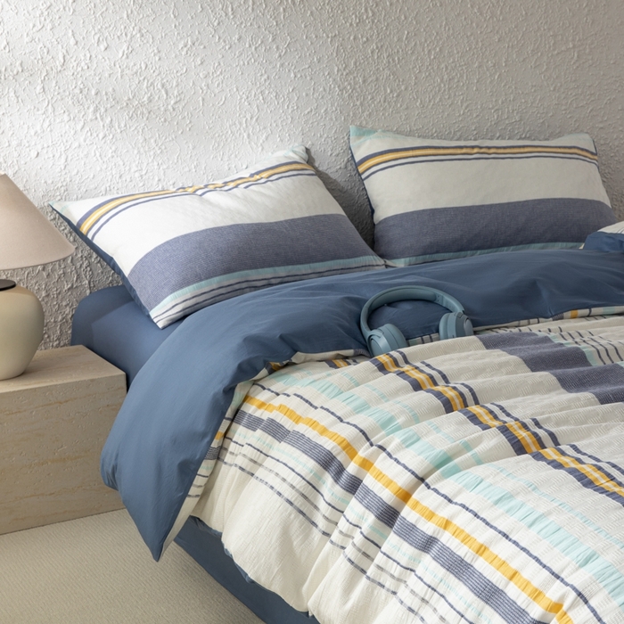 91家纺网 家纺一手货源 找家纺 简宜家居（朝初家纺） 2025新款华夫纯棉格色织提花四件套 初色-蓝