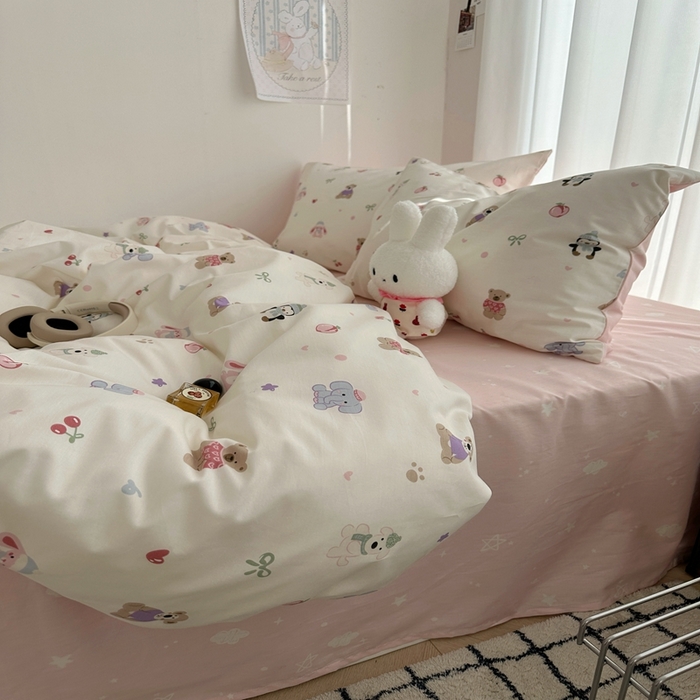 91家纺网 家纺一手货源 找家纺 尺素 2025新款全棉卡通可爱儿童四件套纯棉活性A类被套学生宿舍三件套1.8床笠双人床单 软萌派