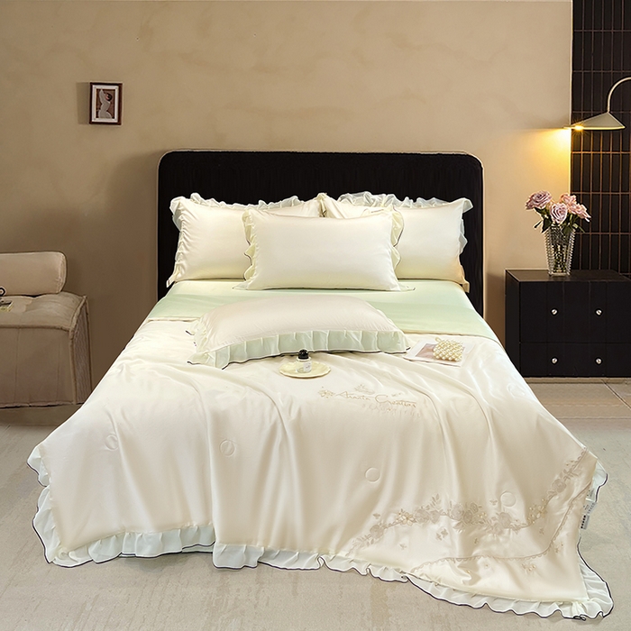 91家纺网 家纺一手货源 找家纺 梦舒羽 2025新款刺绣水洗真丝花边夏被四件套宿舍夏凉被床单枕套三件套-花韵花边款 花韵-绿（花边款）