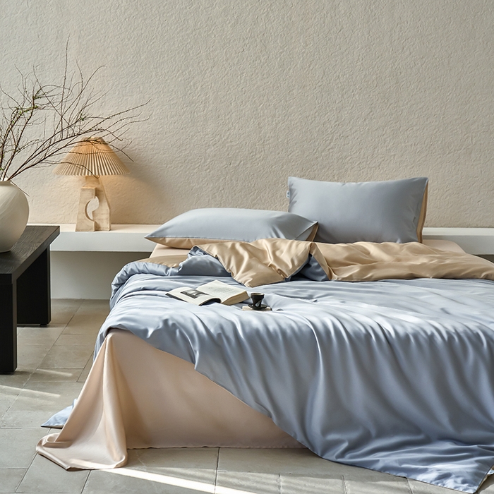 91家纺网 家纺一手货源 找家纺 咏绒家纺工厂店 2025新款60支奥地利兰精天丝纯色天丝棉四件套 岩岭（朦胧灰-小麦色）