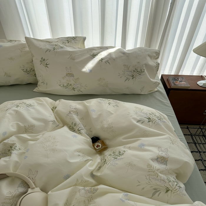 91家纺网 家纺一手货源 找家纺 尺素 2025新款全棉卡通可爱儿童四件套纯棉活性A类被套学生宿舍三件套1.8床笠双人床单 薄荷小兔