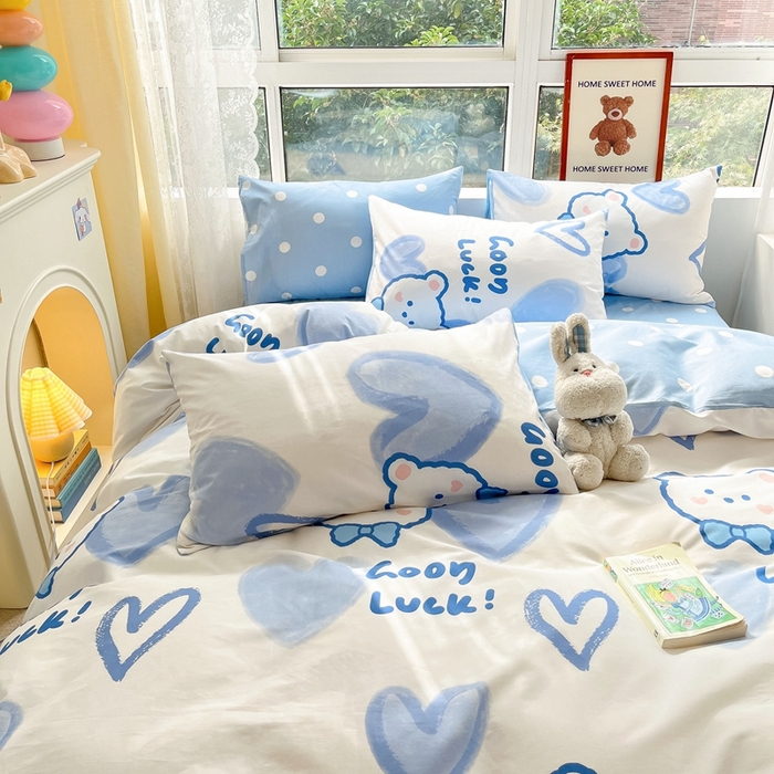 91家纺网 家纺一手货源 找家纺 吉象家纺13070全棉四件套纯棉四件套直播小清新男孩女兰心小熊