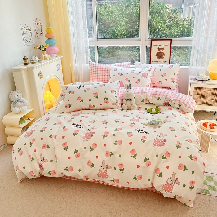 91家纺网 家纺一手货源 找家纺 吉象家纺13070全棉四件套纯棉四件套直播小清新男孩女郁金香粉兔