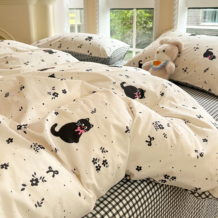 91家纺网 家纺一手货源 找家纺 吉象家纺13070全棉四件套纯棉四件套直播小清新男孩女小黑猫