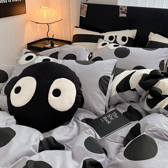 91家纺网 家纺一手货源 找家纺 吉象 2025新款大眼睛毛巾绣四件套 大眼睛-波点魅惑黑