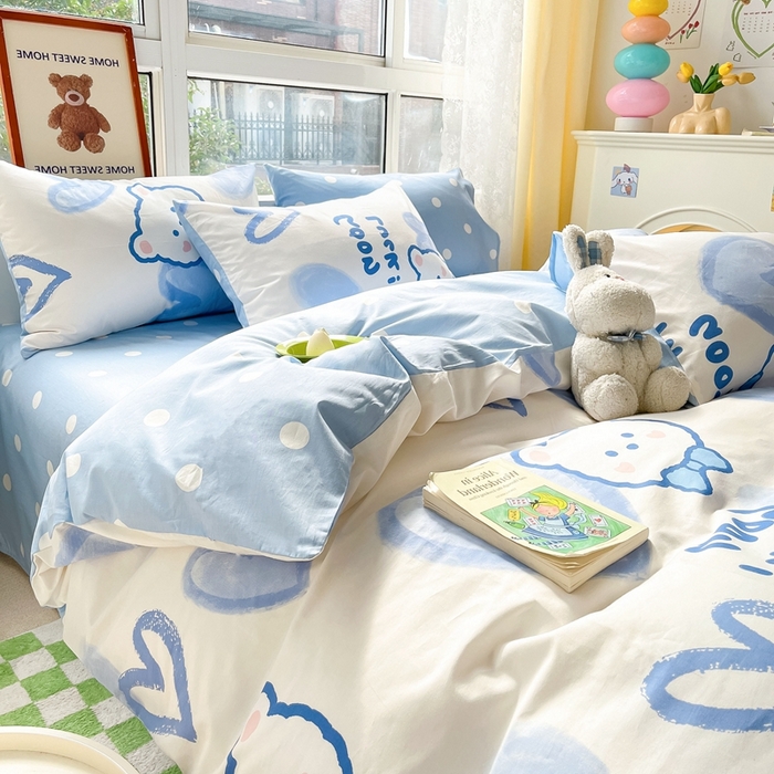 91家纺网 家纺一手货源 找家纺 吉象家纺13070全棉四件套纯棉四件套直播小清新男孩女兰心小熊